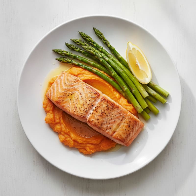Seared Salmon with Steamed Asparagus and Sweet Potato Mash