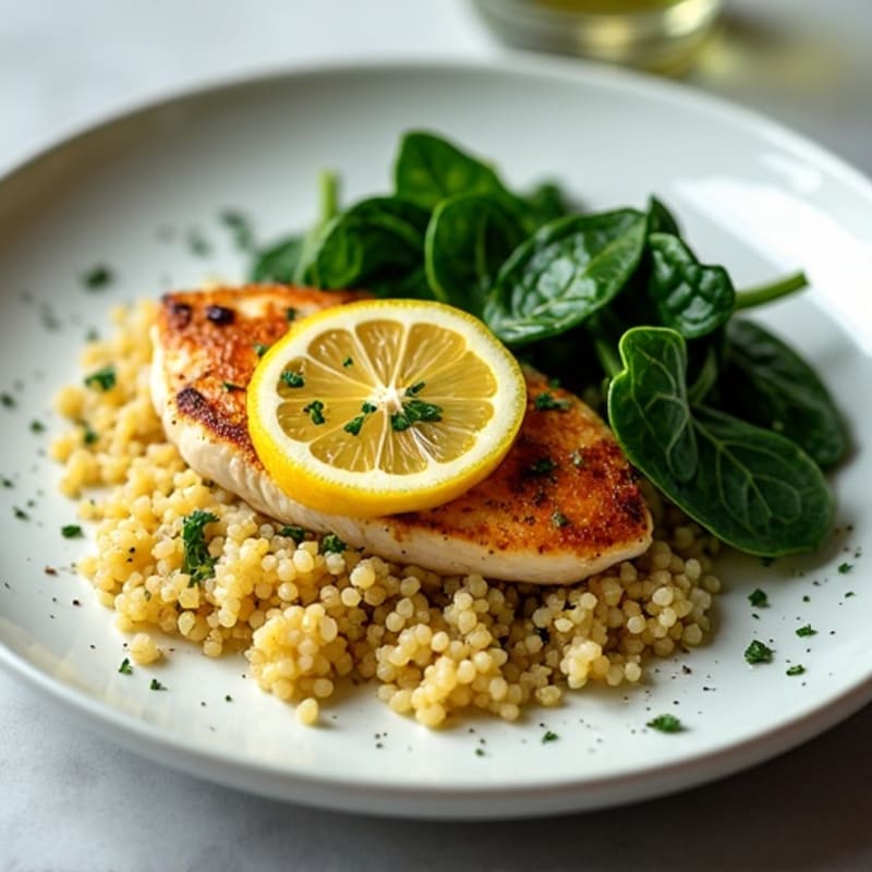 Lemon-Garlic Pan-Seared Chicken with Fresh Spinach and Quinoa