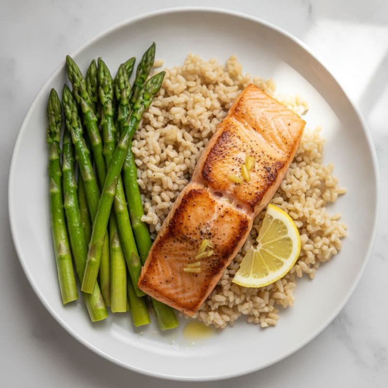 Seared Salmon with Steamed Asparagus and Brown Rice