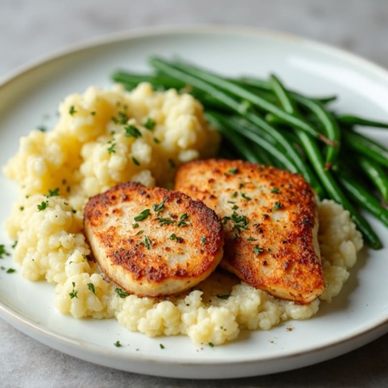 Seared Turkey Cutlets with Garlic Green Beans and Cauliflower Mash