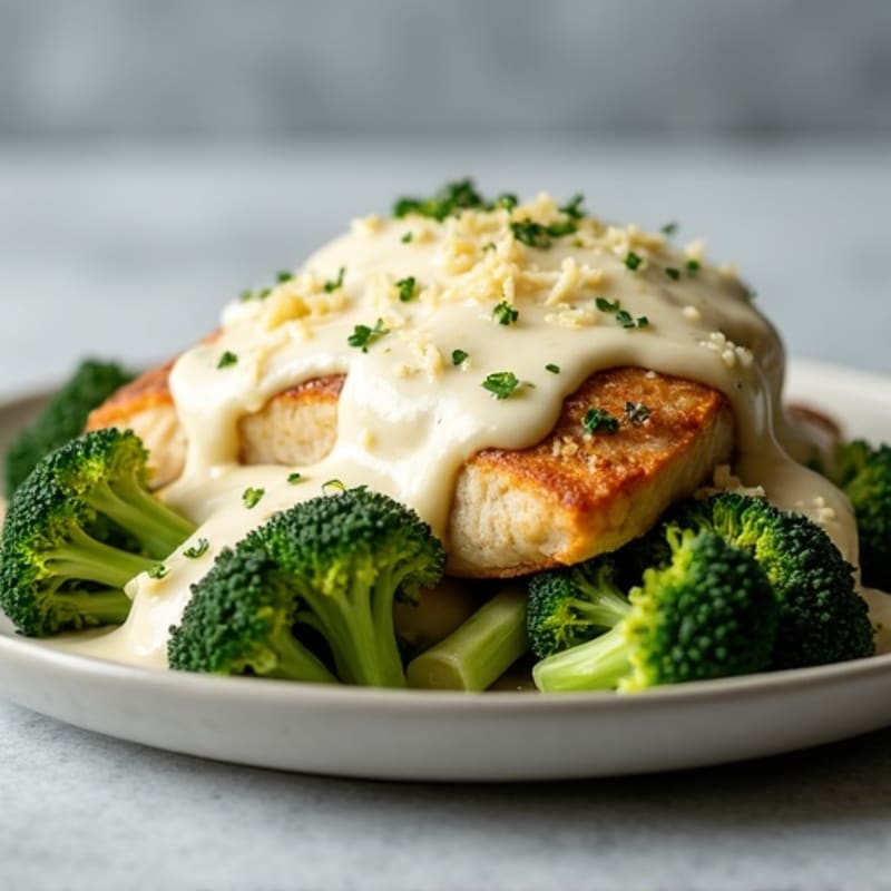 Healthy Creamy Chicken Alfredo with Roasted Broccoli