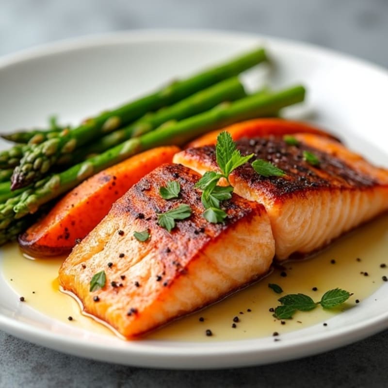 Seared Salmon with Roasted Sweet Potato and Asparagus