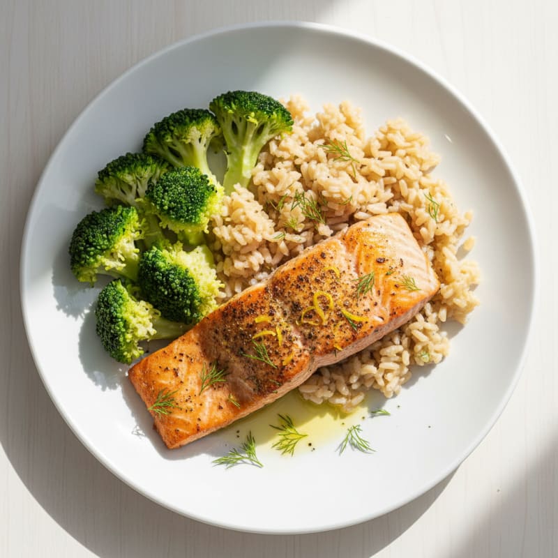 Herb-Roasted Salmon with Brown Rice and Steamed Broccoli