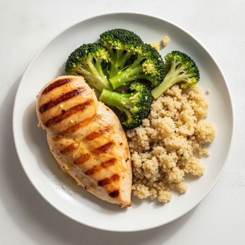 Grilled Chicken Breast with Steamed Broccoli and Quinoa