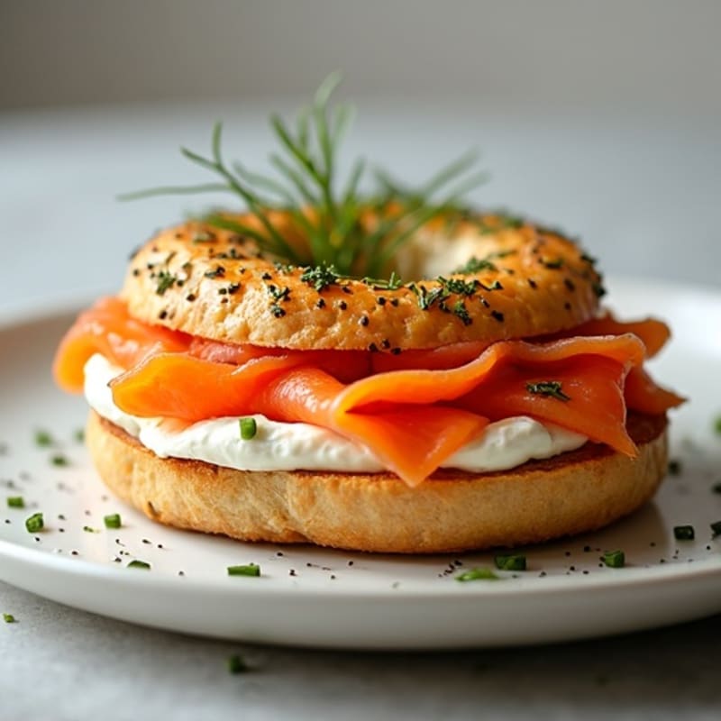 Open-Face Smoked Salmon with Herbed Cream Cheese on Toasted Everything Bagel