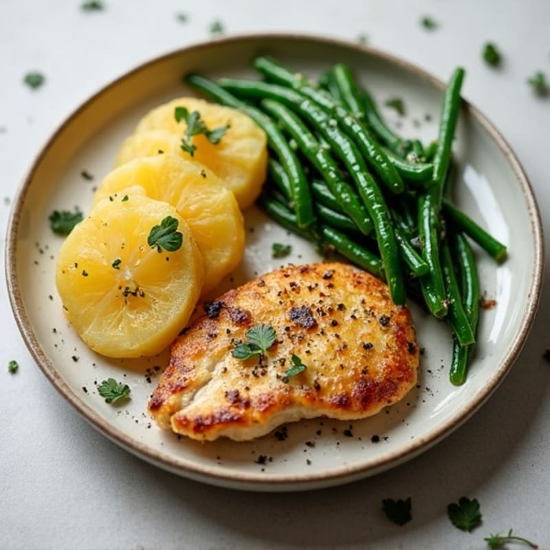 Lemon-Herb Pan-Seared Chicken with Crispy Smashed Potatoes and Roasted Green Beans