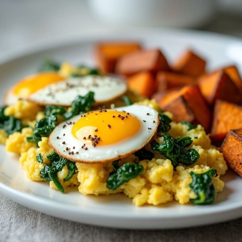 Cottage Cheese Scramble with Boiled Eggs and Sautéed Spinach