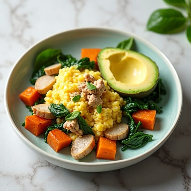 Egg White and Turkey Spinach Scramble with Roasted Sweet Potato