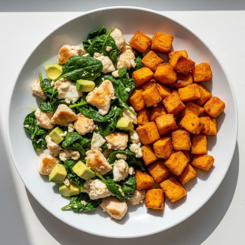 Chicken Egg White Scramble with Spinach and Roasted Sweet Potato