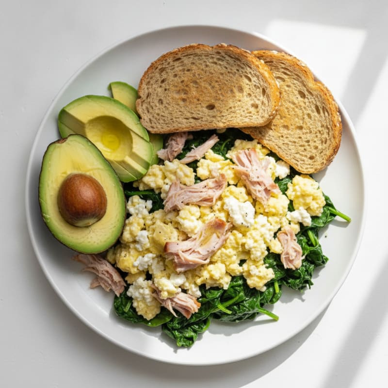 Cottage Cheese Scramble with Smoked Turkey and Sautéed Spinach