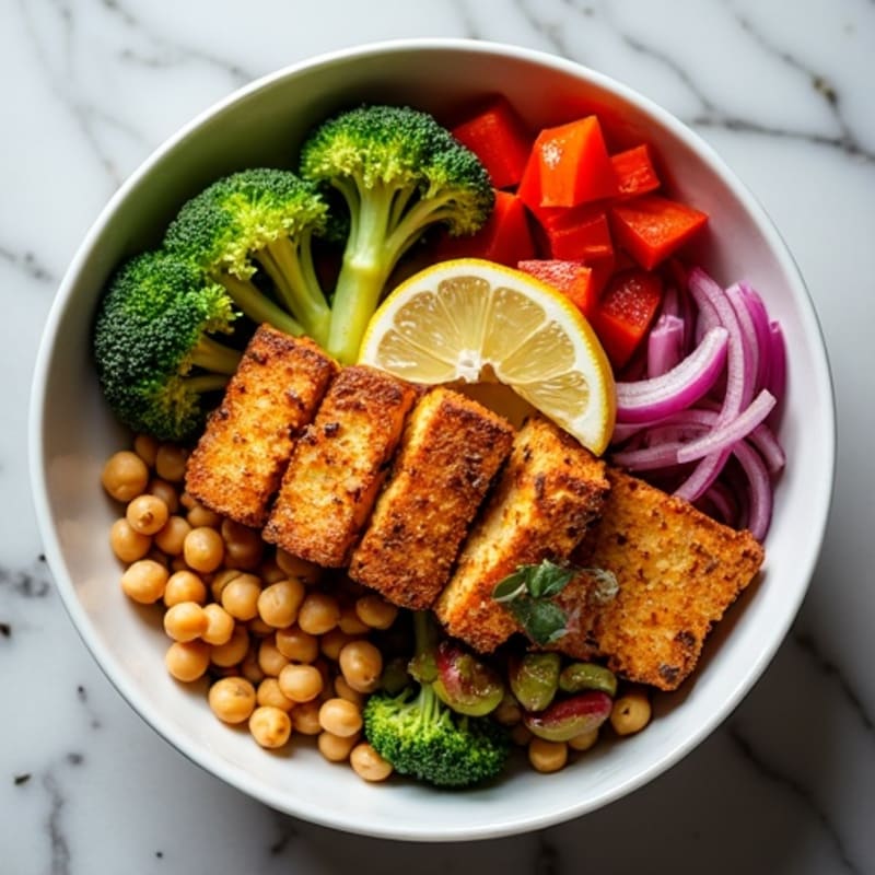 Crispy Baked Tofu with Roasted Vegetable Buddha Bowl