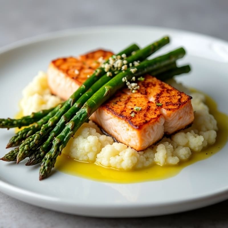 Seared Salmon with Roasted Asparagus and Garlic Cauliflower Mash