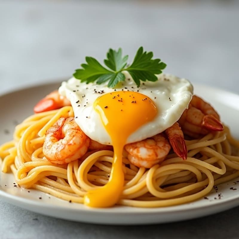 Garlic-Lemon Shrimp Spaghetti with Soft Poached Eggs