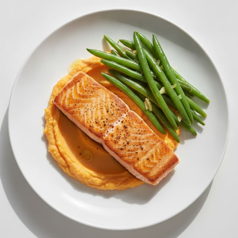 Seared Salmon Fillet with Steamed Green Beans and Sweet Potato Mash