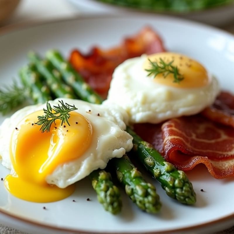Poached Eggs with Crispy Turkey Bacon, Roasted Asparagus, and Creamy Lemon-Dill Sauce