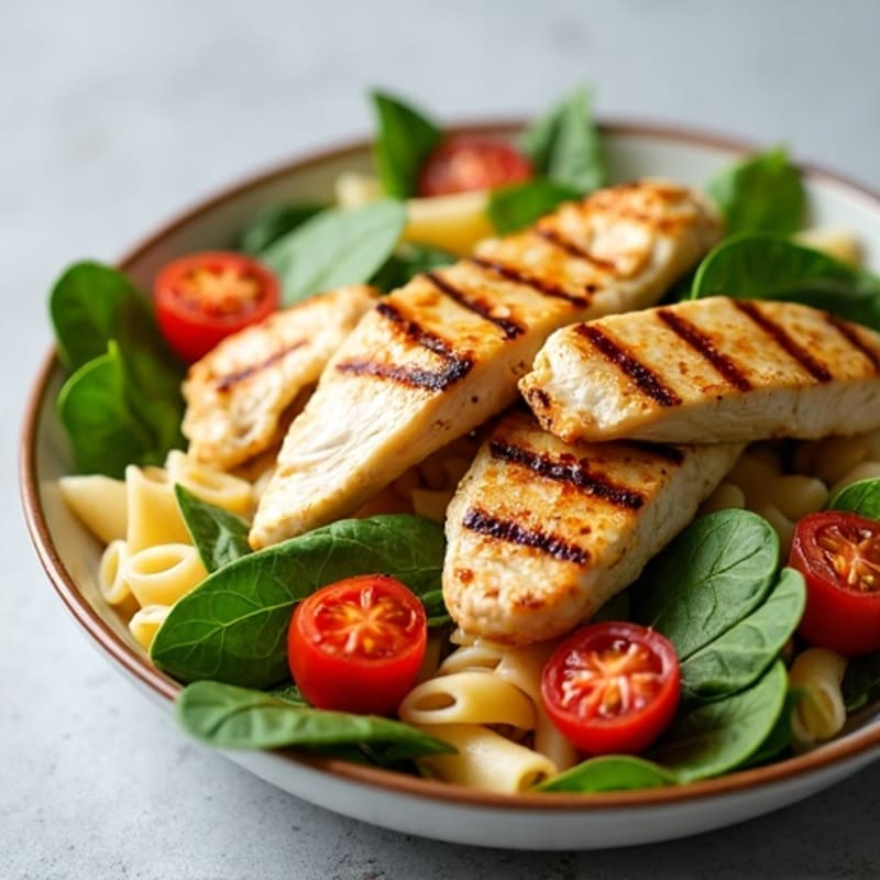 Grilled Chicken Pasta Salad with Spinach and Cherry Tomatoes