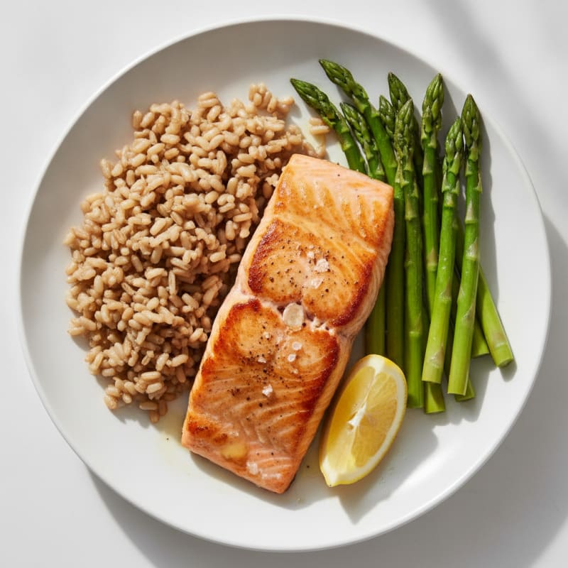 Seared Salmon Fillet with Steamed Asparagus and Brown Rice