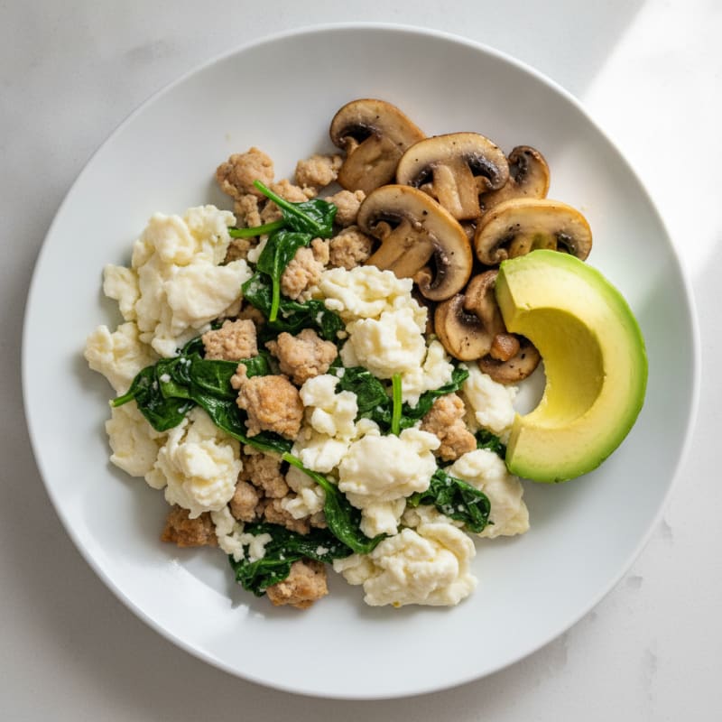 Egg White and Turkey Spinach Scramble with Sautéed Mushrooms