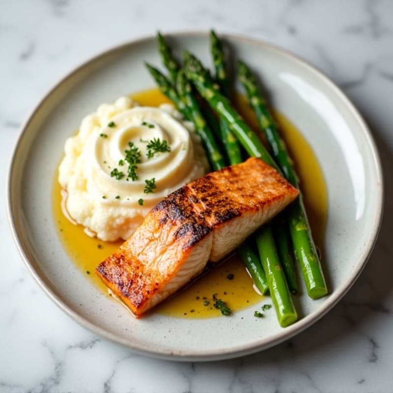 Seared Salmon with Steamed Asparagus and Cauliflower Mash