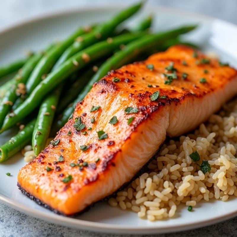 Seared Salmon Fillet with Garlic Green Beans and Brown Rice