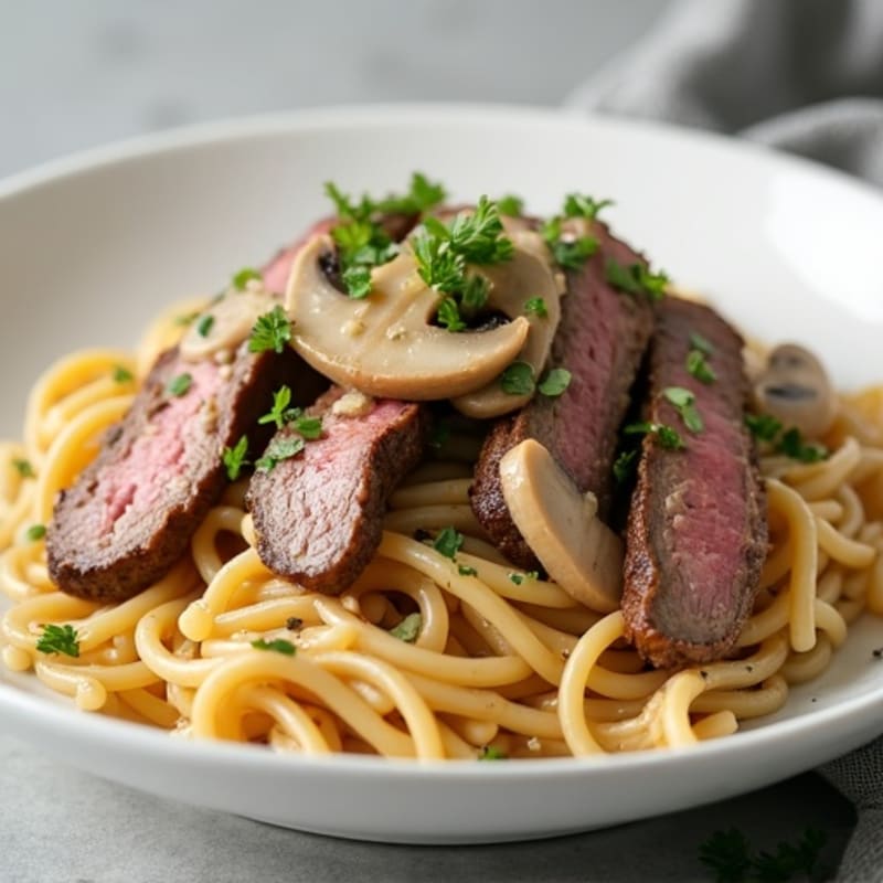 Lean Sautéed Beef with Creamy Mushroom Sauce and Whole Grain Noodles