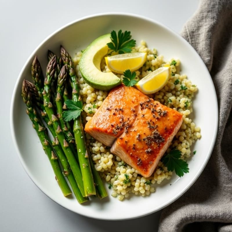Lemon-Herb Pan-Seared Salmon with Roasted Asparagus and Creamy Avocado Quinoa