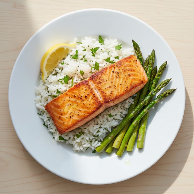 Pan-Seared Salmon with Herb Rice and Roasted Asparagus