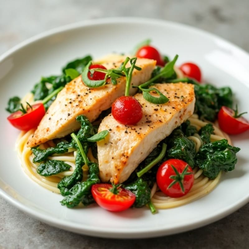 Creamy Chicken and Spinach Pasta with Roasted Tomatoes