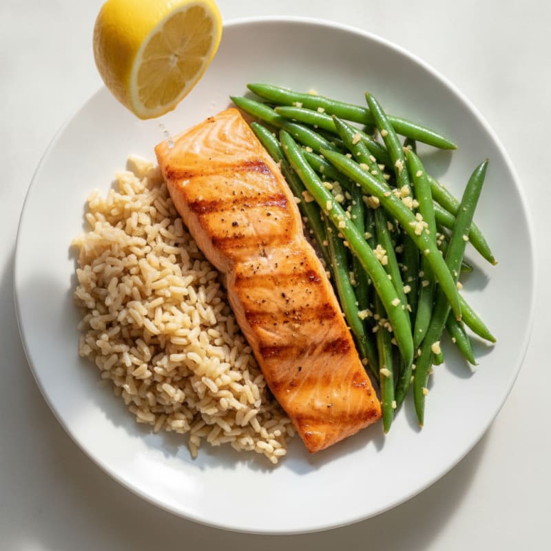 Seared Salmon with Garlic Green Beans and Brown Rice