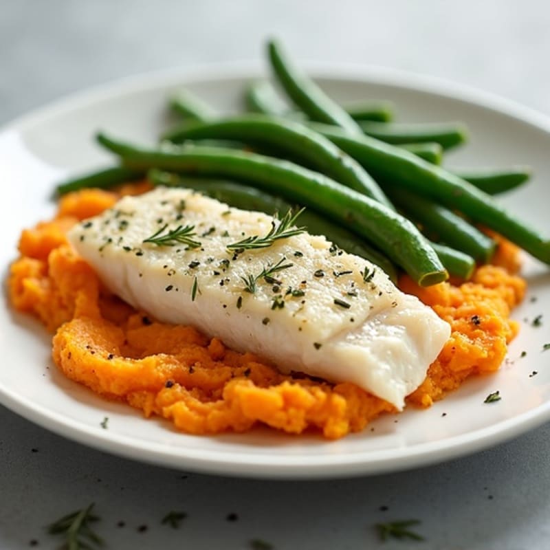Herb-Baked Cod with Steamed Green Beans and Sweet Potato Mash