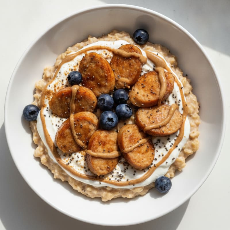 Creamy Protein Oats with Greek Yogurt and Sliced Chicken Sausage