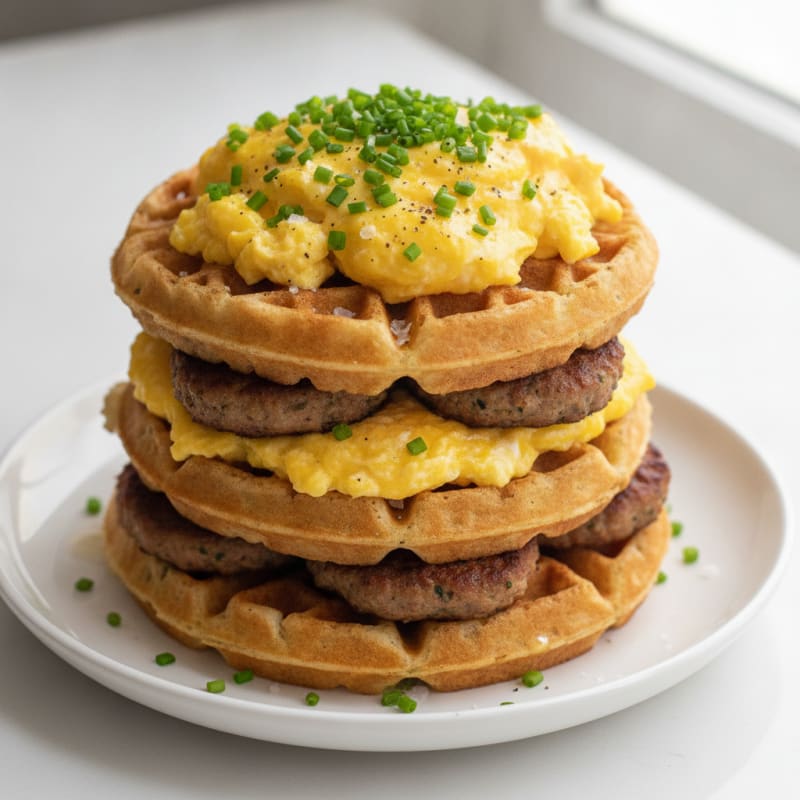 Protein Waffle Sausage Egg Stack