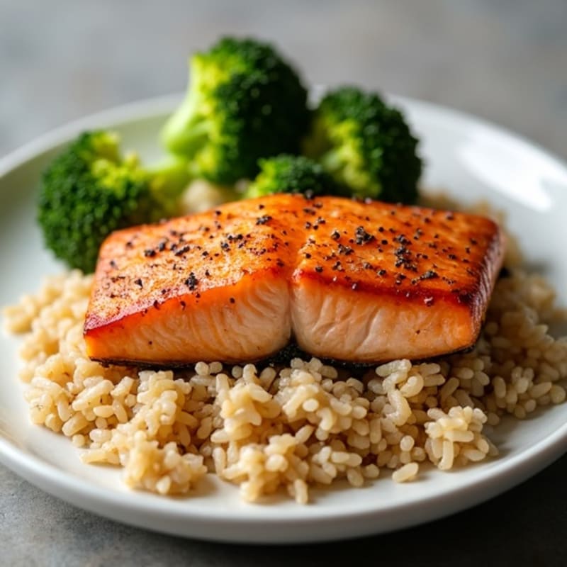 Seared Salmon Fillet with Steamed Broccoli and Brown Rice