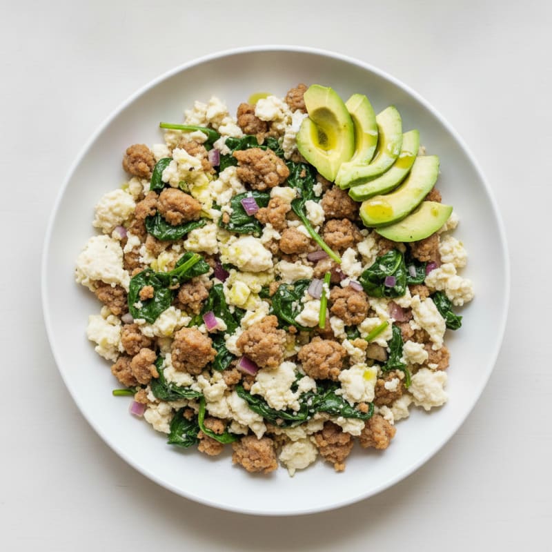 Egg White and Turkey Sausage Scramble with Sautéed Spinach