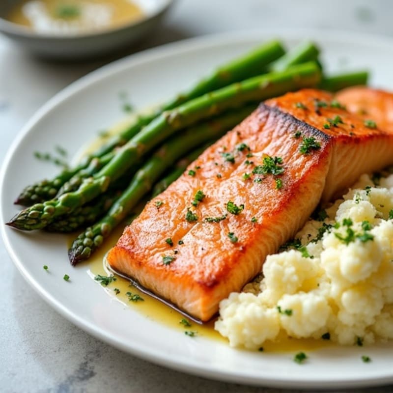 Seared Salmon with Steamed Asparagus and Garlic Mashed Cauliflower
