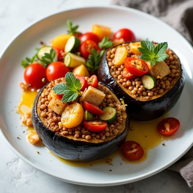 Roasted Eggplant Stuffed with Savory Lentil & Vegetable Crumble
