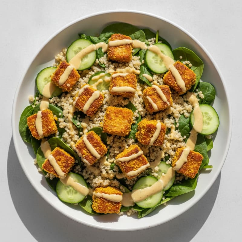 Crispy Tempeh and Quinoa Power Salad with Lemon-Tahini Dressing
