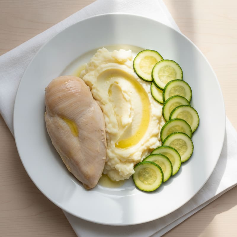 Poached Chicken Breast with Plain Mashed Potatoes and Steamed Zucchini