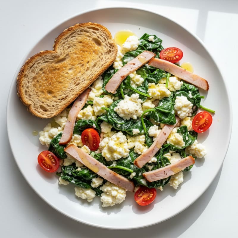 Cottage Cheese Egg White Scramble with Spinach and Smoked Turkey