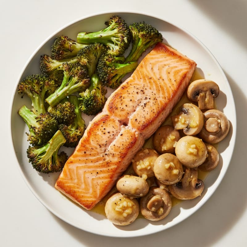 Seared Salmon with Roasted Broccoli and Garlic Butter Mushrooms