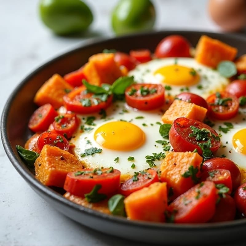 Sheet Pan Eggs with Roasted Sweet Potatoes and Bell Peppers