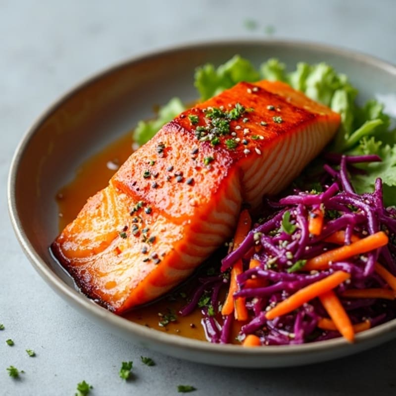 Spicy Gochujang Glazed Salmon with Crunchy Kimchi Slaw
