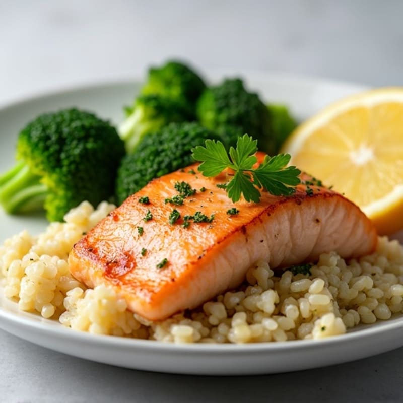 Seared Salmon with Steamed Broccoli and Lemon Herb Rice