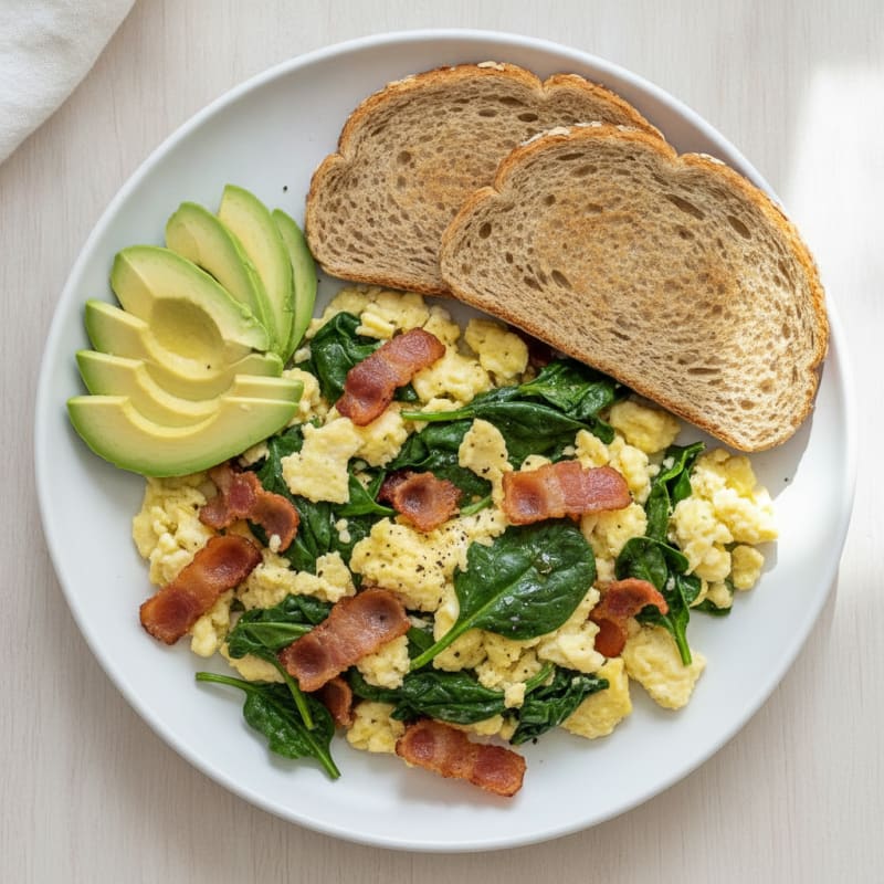 Crispy Turkey Bacon Egg White Scramble with Spinach