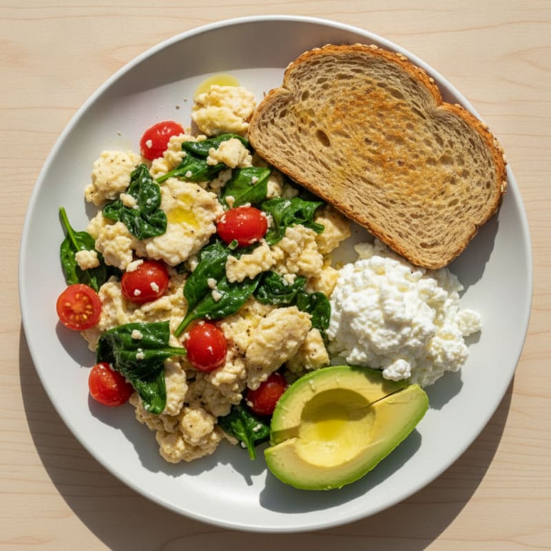 Egg White and Spinach Scramble with Cottage Cheese and Cherry Tomatoes