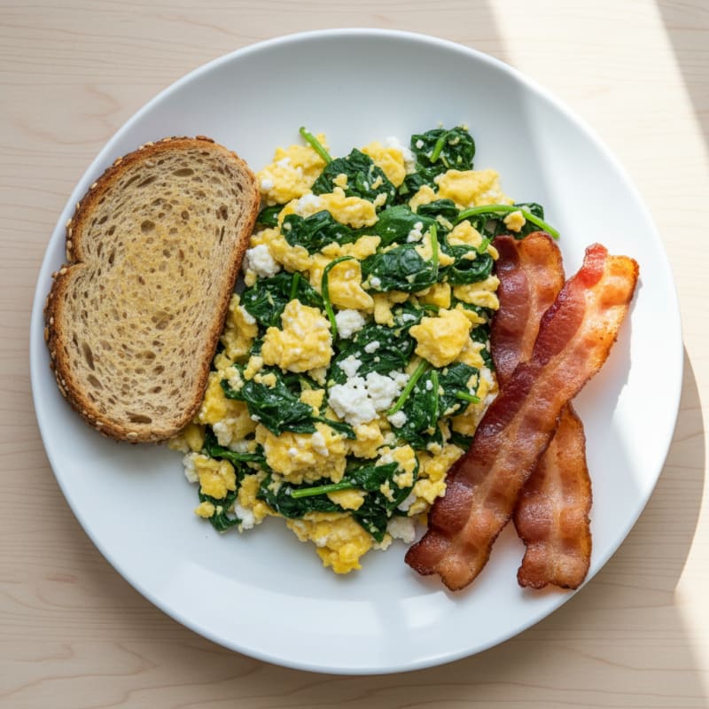 Cottage Cheese Scramble with Turkey Bacon and Spinach