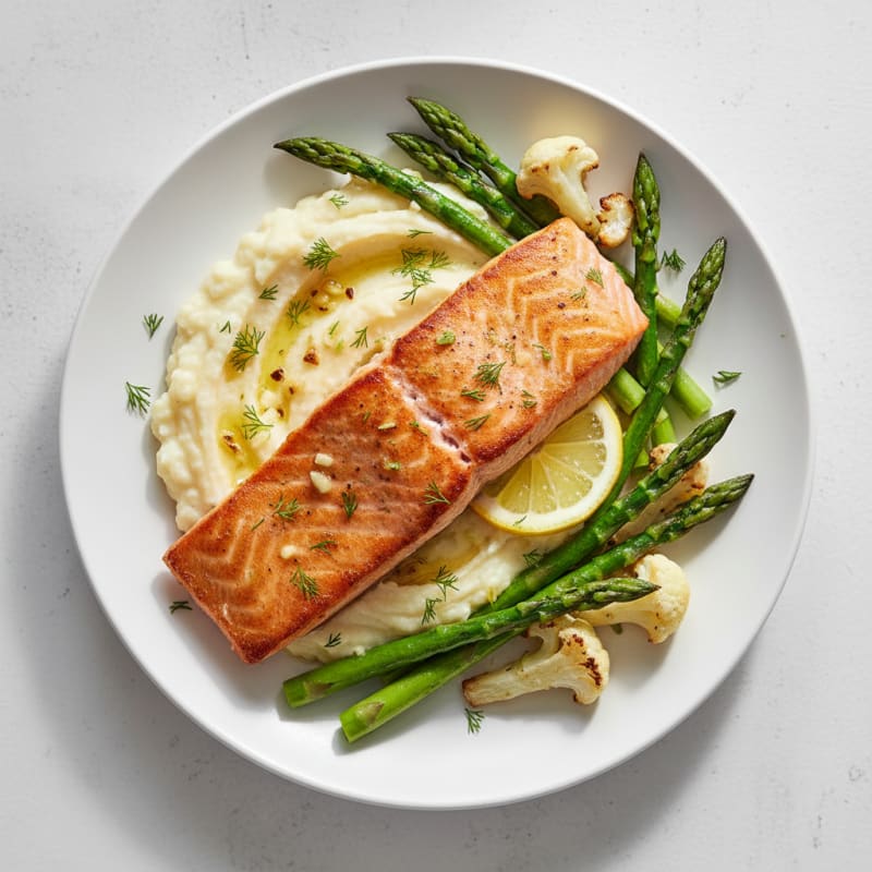 Seared Salmon Fillet with Steamed Asparagus and Cauliflower Mash
