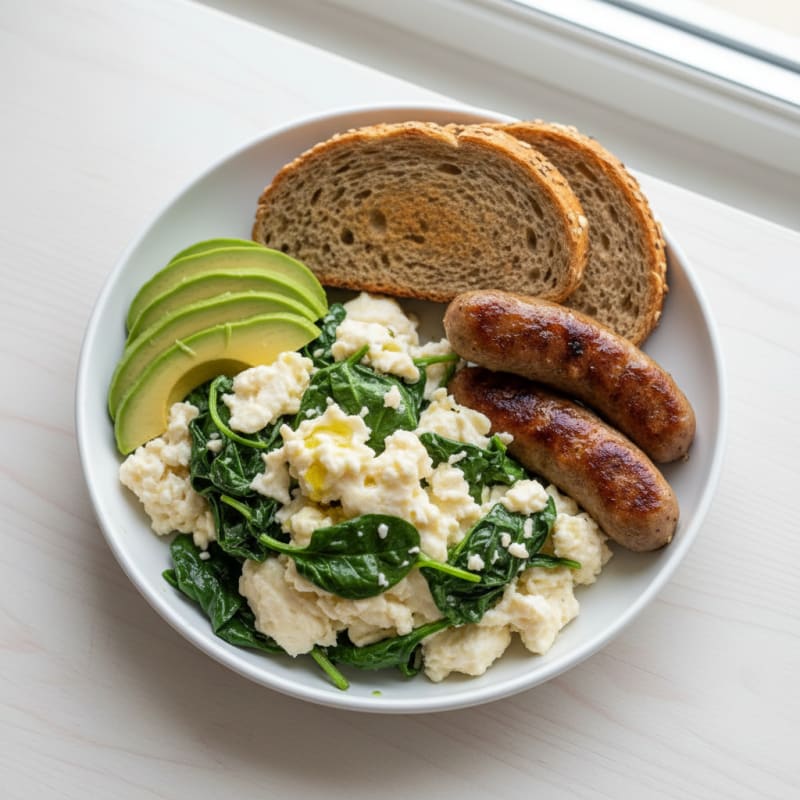 Egg White Scramble with Turkey Sausage and Sautéed Spinach