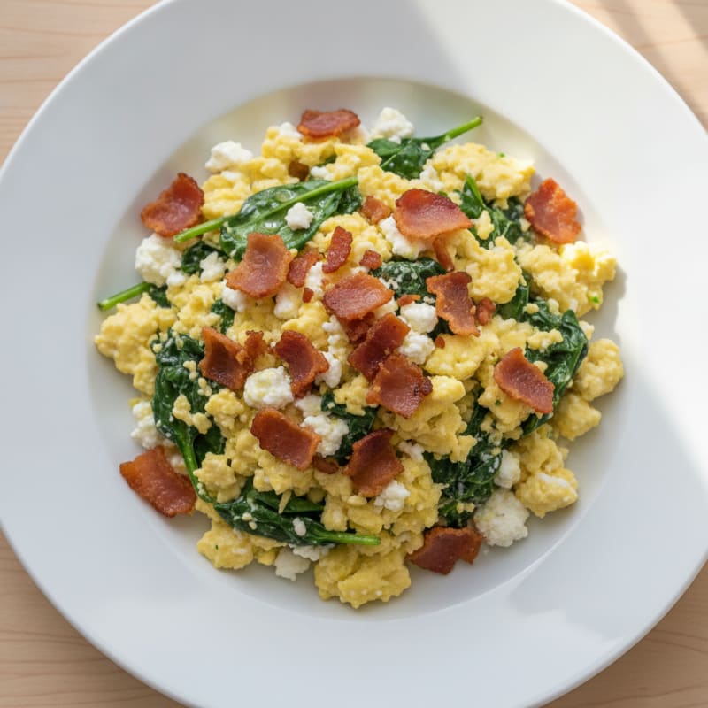 Cottage Cheese Egg Scramble with Spinach and Turkey Bacon
