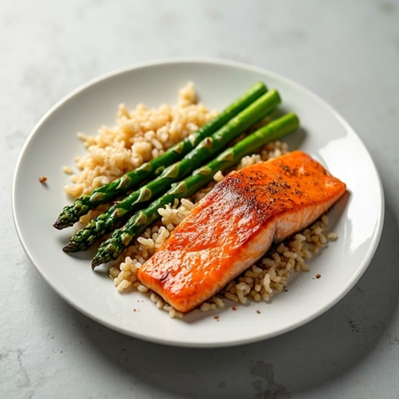Seared Salmon with Steamed Asparagus and Brown Rice